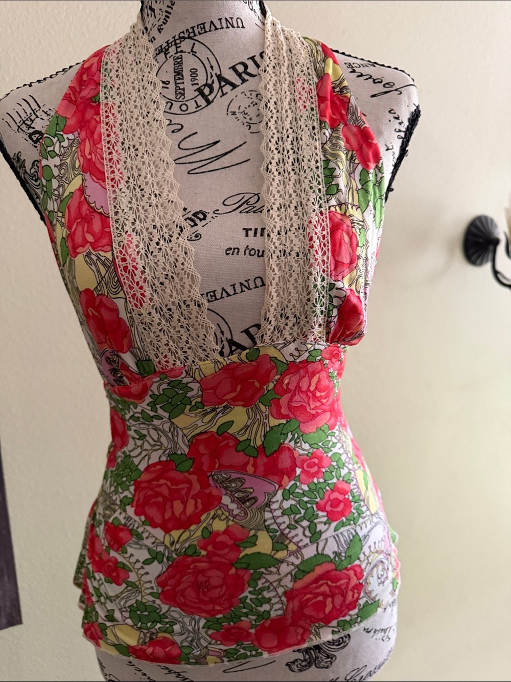 Black Halo Floral Lace Halter Top in Red, Green, Cream